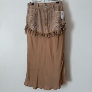 Pilcro Two-Tone Frayed Midi Skirt in Taupe and Camel